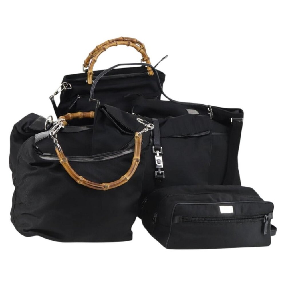 GUCCI Bamboo Jackie Shoulder Bag Nylon 6 Set Black Auth bs29393 - Picture 1 of 16